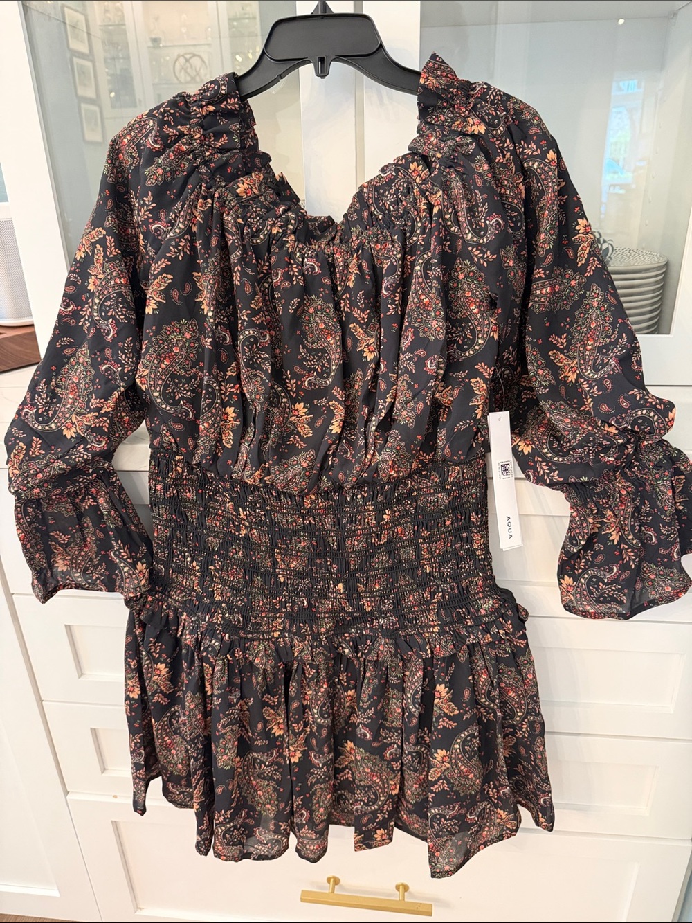 Aqua off the shoulder Black Paisley Mini Dress